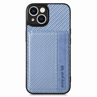 Til iPhone 15 Plus Carbon Fiber Texture Protective Case Magnetic Wallet Kickstand Phone Cover.