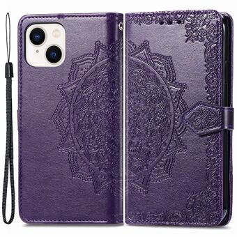 Til iPhone 15 Plus Wallet PU Læder Telefon Cover Stand Embossed Mandala Mønster Etui
