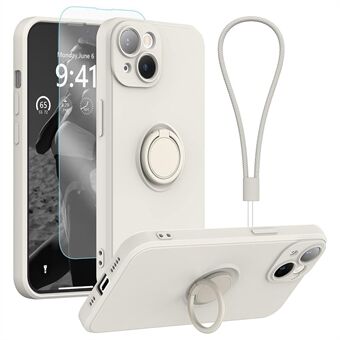 Håndledsrem Telefoncover til iPhone 15 Plus, Ringholder Kickstand Flydende Silikone-etui med Hærdet Glas Skærmbeskyttelsesfilm