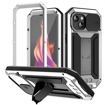 R-JUST Til iPhone 15 Plus Skyde Kamera Låg Stativ Etui Silikone+Metal+Plast+Hærdet Glas Skærmbeskyttelse Anti-tab Cover