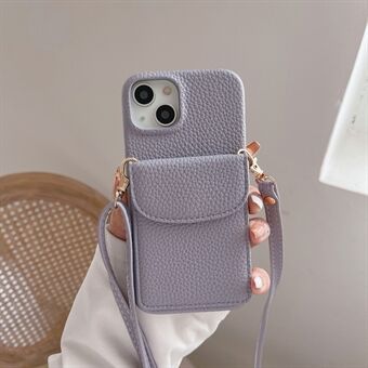 Til iPhone 15 Plus PU læder + PC case kortholder mobiltelefon cover med skulderstrop