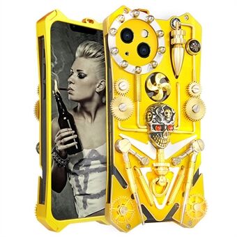 Til iPhone 15 Plus Steampunk Telefon Etui med Støtteben Metal Dæksel med Kraniegear - Guld