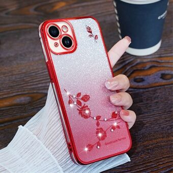 Til iPhone 15 Plus Fleksibel TPU-graduering Telefoncover Blomstrende Glitter Rhinestone Mobiltelefon-etui