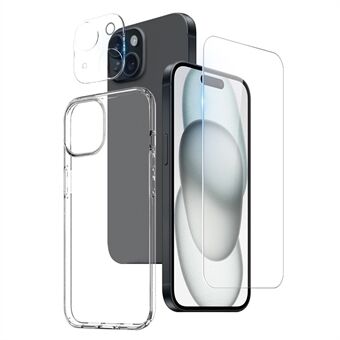 NORTHJO 3 i 1 TPU Cover til iPhone 15 Plus-etui med HD hærdet glas skærmbeskytter / kamerlinsefilm.
