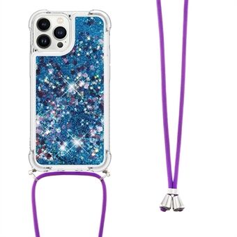 YB Quicksand Series-4 til iPhone 15 Pro Flydende Bling Glitter Etui TPU Beskyttende Telefoncover med Snor
