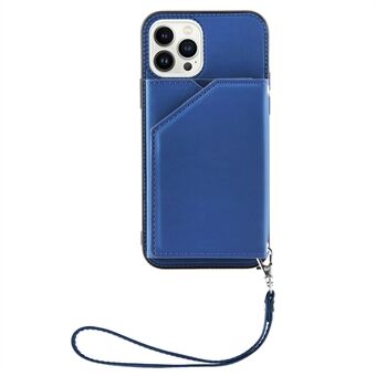 YB Leather Coating Series-2 til iPhone 15 Pro Kickstand Kortholder Telefonetui Læderbelagt TPU-cover med rem.