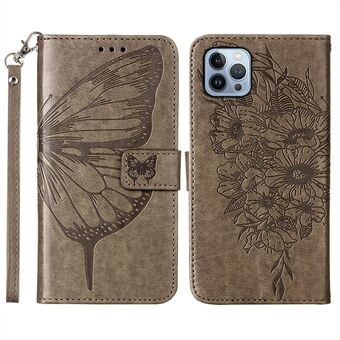 YB Imprinting Serie-4 til iPhone 15 Pro Lædertelefontaske med stativpung og sommerfuglmønster og rem.