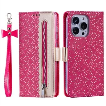 Stå Shell til iPhone 15 Pro lynlås tegnebog blonder blomstermønster læder telefon etui med sløjfe håndledsstrop.