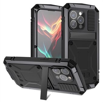 R-JUST til iPhone 15 Pro Kickstand Telefon Etui PC+Silikone+Metal Stødsikker Dækning med Hærdet Glasfilm