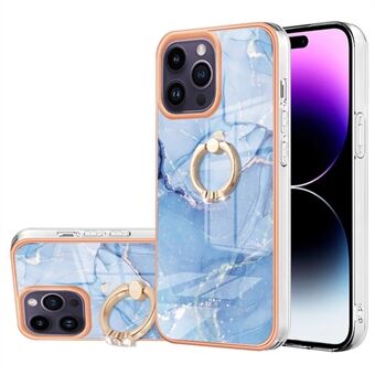 YB IMD-serie-17 Style-E til iPhone 15 Pro elektroplateret 2,0 mm TPU-telefonetui med ring-kickstand og marmor mønster IMD-cover.