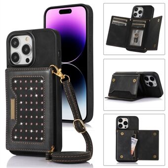 Til iPhone 15 Pro RFID-blokerende Kickstand Cover i kunstlæder + TPU Rhinstendekor Wallet Phone-etui med skulderrem