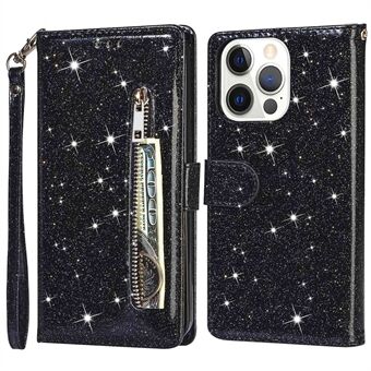 Til iPhone 15 Pro Wallet Lædertaske med lynlåslomme og stativ Glitrende telefoncover