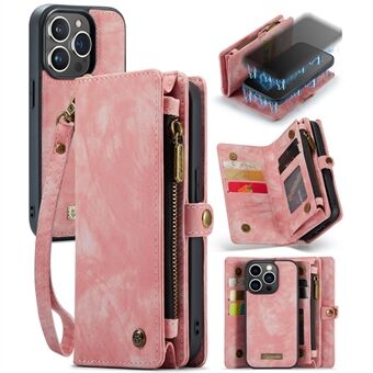 CASEME 008-serien til iPhone 15 Pro, lynlåslomme, pung, stativ, aftagelig læder+TPU-telefonetaske.