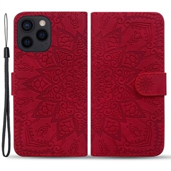 Til iPhone 15 Pro Imprint Flower Shell Telefoncover, tynd pasform, med kalverøv tekstur, stativ og pung i læder.