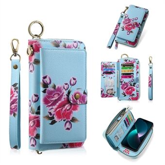POLA Style 003 til iPhone 15 Pro TPU+PU Telefon Cover Aftagelig 2-i-1 Blomstret Telefontaske med Pengepung, Strop