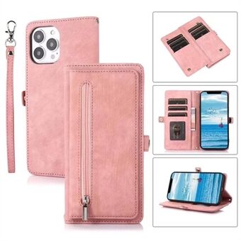 Til iPhone 15 Pro Foldbar Stand Wallet-etui med 9 kortspalter, lynlåslomme, PU-læder-telefoncover med rem.