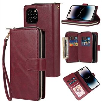 Til iPhone 15 Pro PU læder lynlås lomme stativ case med 9 kortslots pung telefoncover med rem