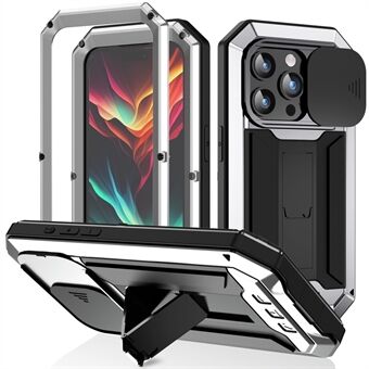 R-JUST For iPhone 15 Pro Slide Kamera Låg Stativdæksel i Silikone+Metal+Plastik Telefon Etui med Hærdet Glas Skærmbeskyttelse.