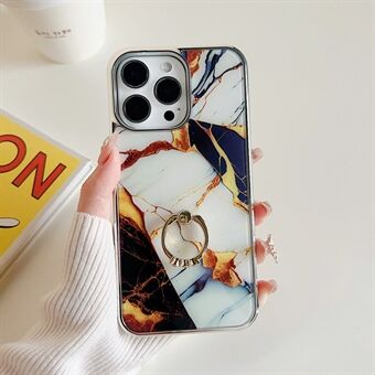 Til iPhone 15 Pro Ring Kickstand Electroplating Marble Pattern Phone Case PC+TPU Back Cover
