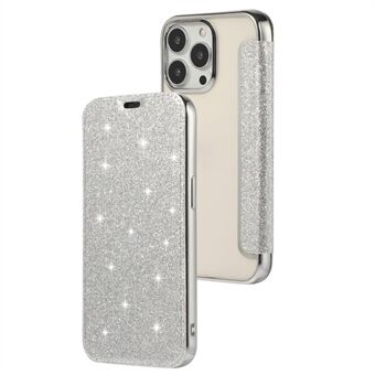 Stativtaske til iPhone 15 Pro, Kortholder med glimmerpulver, ridsefrit PU-læder + TPU gennemsigtigt telefoncover
