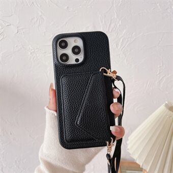 Til iPhone 15 Pro Litchi Tekstur Anti-fald Cover PU Læder+PC Korttaske Telefon Etui med Skulderrem
