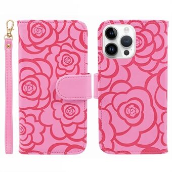  Til iPhone 15 Pro Camellia Premietykkelse Anti-fald Cover PU Læder-pengepung Med Stativ Mobiltelefon-etui
