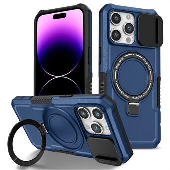 Kickstand Telefon Etui til iPhone 15 Pro Kompatibel med MagSafe PC+TPU Telefon Cover med Skyde Linsebeskyttelse