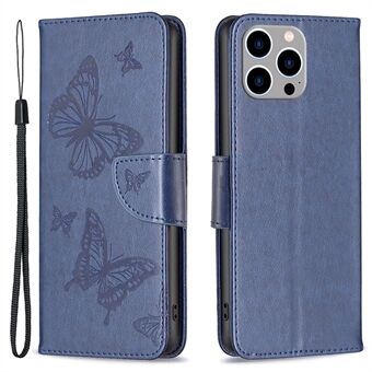 Til iPhone 15 Pro Max Flip-etui Butterfly Præget læder Anti-støv Stativ Pengepung Telefonomslag med rem