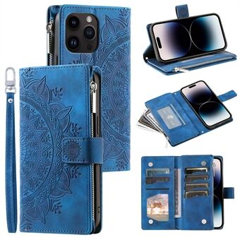 Til iPhone 15 Pro Max PU læder Mandala Flower præget kortholder lynlås lomme pung taske stativ med rem.