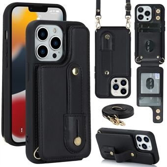Til iPhone 15 Pro Max Kortholdere Kickstand-etui Belagt med PU-læder TPU-telefoncover med skulderrem