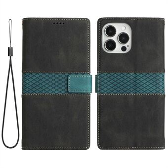 Wallet Stand-etui til iPhone 15 Pro Max, PU-lædertelefoncover med gittermønster og rem.