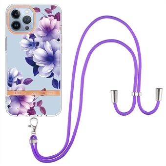 YB IMD-11 Serie Blomstermønster TPU Etui til iPhone 15 Pro Max Anti-Drop IMD IML Elektroplateret Telefoncover med Snor