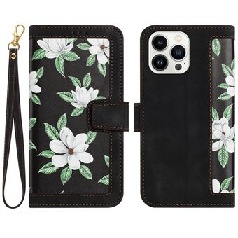 PU læderkortholder etui til iPhone 15 Pro Max, blomstermønster trykning, stativtelefoncover