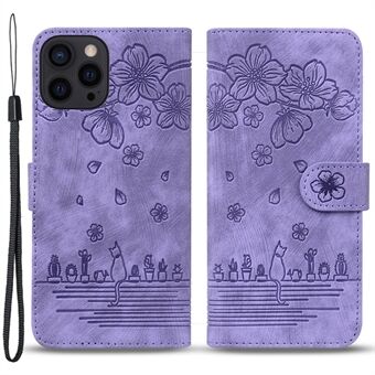Anti-drop etui til iPhone 15 Pro Max i læderbilletholder med blomsterkat-telefoncover og rem
