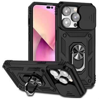 Til iPhone 15 Pro Max Slide Camera Protector Phone Case Metal Ring Kickstand Anti-scratch PC + TPU Cover
