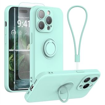 Til iPhone 15 Pro Max Ring Holder Kickstand Liquid Silicone Phone Cover Case med rem + hærdet glas skærmbeskyttelsesfilm