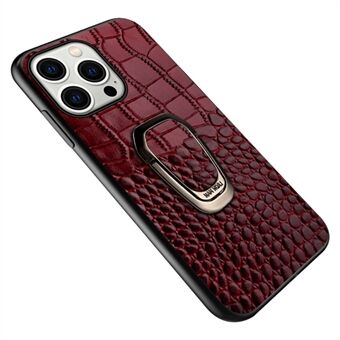 Til iPhone 15 Pro Max Anti-rids ægte ko-læder TPU cover med krokodille tekstur telefon-etui med ring-kickstand