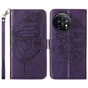 YB Imprinting Series-4 Til OnePlus 11 5G Butterfly Flower Pung-etui TPU+PU- Stand med rem