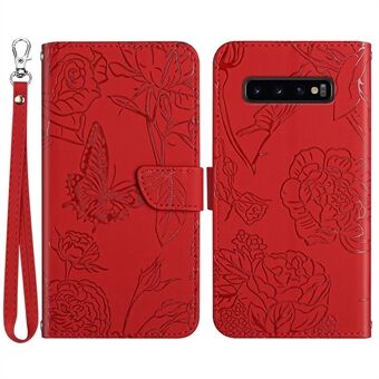 For Samsung Galaxy S10 4G Skin-touch Feeling Butterfly Flower Imprinted Flip Wallet Case PU Leather Magnetic Closure Stand Cover with Hand Strap