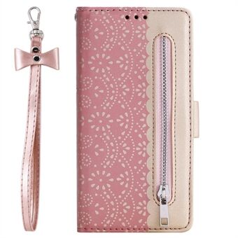 Lace Flower Pattern Zipper Pocket Leather Wallet Phone Cover with Bow Lanyard for Samsung Galaxy A40