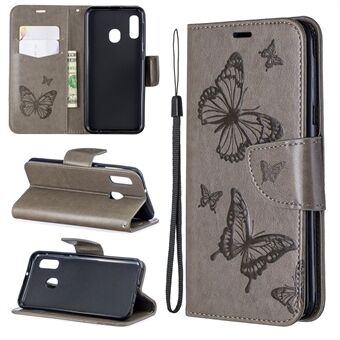 Imprint Butterfly PU læder tegnebog flip taske med rem til Samsung Galaxy A20e