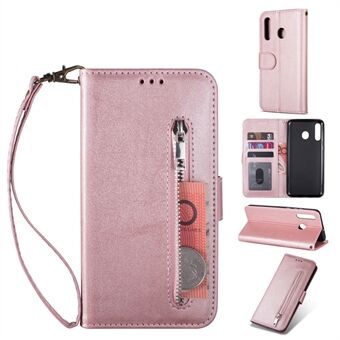 Zipper Wallet Flip Leather Phone Cover with Strap for Samsung Galaxy A20e