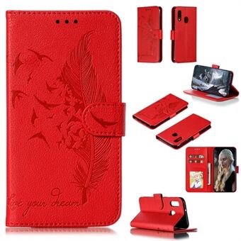 Litchi Texture Imprint Feather Leather Phone Case med Wallet Stand til Samsung Galaxy A20e