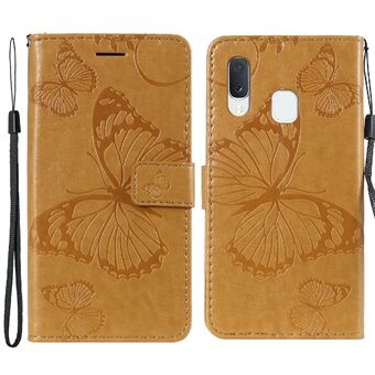 Fuldt beskyttende aftryk Butterfly Læder Telefon Stand Cover med rem til Samsung Galaxy A20e/A202