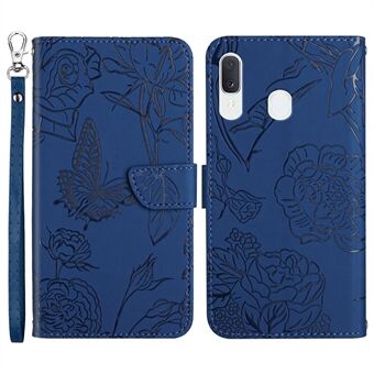 For Samsung Galaxy A20e Skin-touch Feeling Leather Phone Stand Cover Butterfly Flower Pattern Imprinted Flip Wallet Shell with Wrist Strap