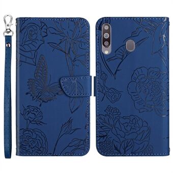 For Samsung Galaxy A20s Butterfly Flower Pattern Imprinted Leather Phone Cover Skin-touch Feeling Wallet Stand Case with Wrist Strap
