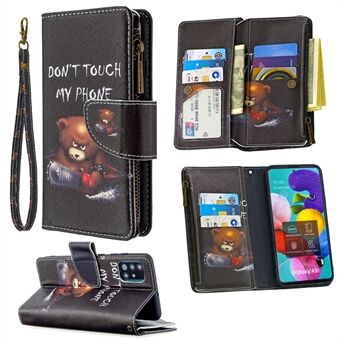 BF03 Mønsterudskrivning Læder mobil taske med lynlås tegnebog til Samsung Galaxy A51 SM-A515