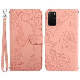 For Samsung Galaxy S20 Plus 4G/5G Butterfly Flower Pattern Imprinted Folding Stand Case Skin-touch Feeling PU Leather Wallet Style Flip Cover with Strap