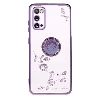 Til Samsung Galaxy S20 5G / 4G Blomstermønster Kickstand Case Rhinestone galvanisering TPU telefoncover