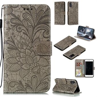 Imprintede Lace Flower Skin Læder med Wallet Stand Taske til Samsung Galaxy A41 (Global Version)